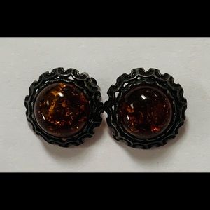 Amber Baltic Cabochon Clip on Earrings in Silver